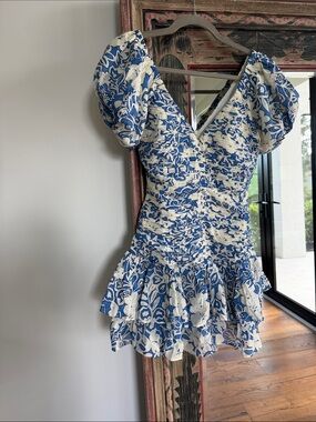Blue and White Floral Puff-Sleeve Mini Dress